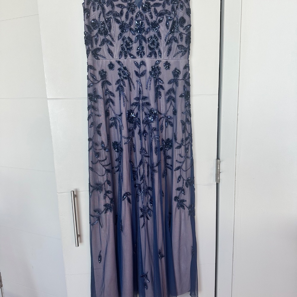 New Adrianna Papell Beaded Mesh Dress (Navy & Rose Gold) - Picture 2 of 5